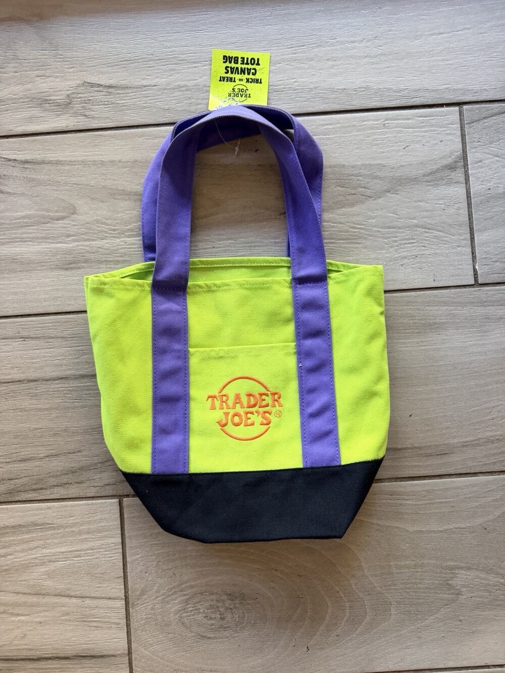 Trader Joe's Canvas mini Tote Bag Black/Purple/Green/Orange Colorblock Reusable